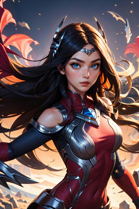 (masterpiece, best quality:1.2), intricate details, <lora:GoodHands-beta2:1>, <lora:lol_irelia1.2-000008:1>, irelia, 1girl, bodysuit, bare shoulders, forehead protector, hair ornament, armor