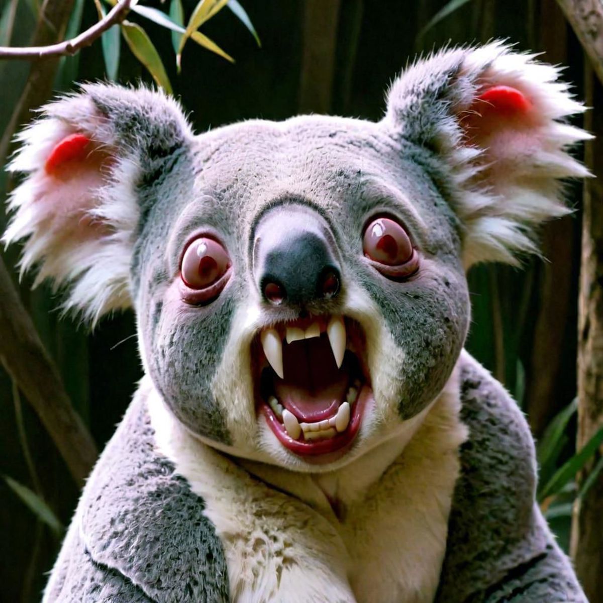 Angry Koala Bear with Red Glowing Eyes and Sharp Teeth