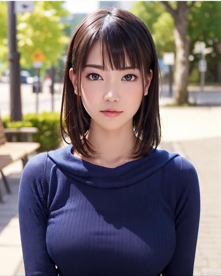 pureerosface_v1:0.3, best quality, photorealistic, 8k, high res, full color, 1girl, woman, 20 years old woman, (skindentation), (portrait:0.6), trees, park bench, daylight, ((park background:1.52)), full color, ((necksweater:1.68)), looking at viewer:1.8, (1girl eyes looking at viewer:1.55), (short-length hair, brownhair, partedbangs:1.45), (bokeh), <lora:AAV-koharu:0.7>