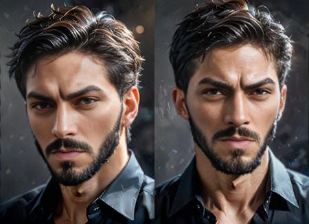 portrait of a Desperate businessman, vogue, intricate, elegant, highly detailed, digital painting, concept art, smooth, sharp focus, 8k, film grain, vignetting, chromatic aberrations, dramatic lighting ,  man with a short and( light beard:1.2) and a black shirt is looking at the camera with , Artgerm, highly detailed digital painting, a photorealistic painting, photorealism, SimplePositiveXLv2, black hair , brown eyes , simple background , gray background