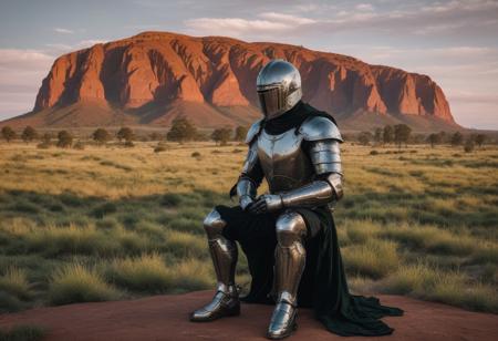Create an image of a knight sitting on a green throne in front of the iconic Ayers Rock during sunrise. The knight is wearing a full suit of black, shiny armor with multiple layers of metal plates and a pointed helmet. The knight's legs are crossed, and its hands are resting on its knees. The image is trending on Artstation and has a predominantly red color scheme.