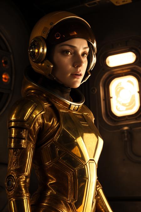 32k UHD cyberpunk dystopia image| dreamlike settings with a touch of gorecore| atmospheric lighting with bronze and amber tones| composition highlighting the player's astronaut helmet| intricate and surreal background| artistic influence of Ivan Albright| woman wearing astronaut helmet| player with a dreamlike appearance, reminiscent of womancore aesthetics <lora:Elixir:0.5>
