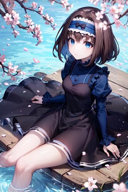 Garie, 1girl, solo, <lyco:Garie:0.7>,cherry blossoms, petals,looking up,hand up,blue dress,short hair,juliet sleeves,expressionless, water,sitting