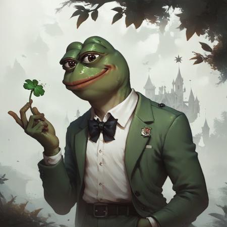 score_9, score_8_up, score_7_up, score_6_up, score_5_up, score_4_up, pepe the frog wearing a green suit and holding a four leaf clover, solo, male, frog, amphibian, irish castle, detailed background <lora:ponydiffusionv6_pepethefrog:1>
