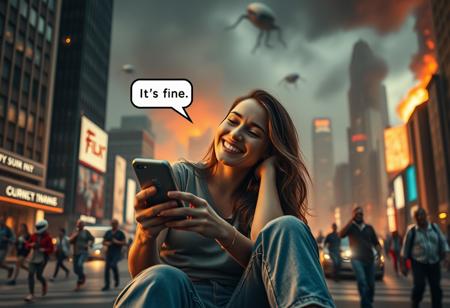 woman sitting in city playing with phone with text bubble above her head saying "It's fine", relaxed, happy, aliens attacking, chaos around her, people running, buildings burning, dynamic angle, warm hues, realistic, photorealism, hd, 8k, high definition, score_9, score_8_up, score_7_up, score_6_up,