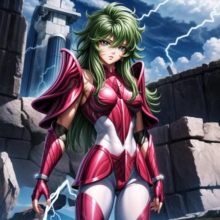 masterpiece, best quality, highres, solo, 1girl, saint seiya, green eyes, cloudy sky,fingerless gloves,medium breasts, helmet, pauldrons, electricity,energy ,<lora:more_details:0.9>,  <lora:andromeda:0.6>