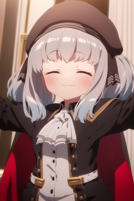 1girl, solo, looking at viewer, smile, bangs, red eyes, hat, ribbon, twintails, closed mouth, hair ribbon, upper body, grey hair, indoors, medium hair, pink eyes, ascot, black headwear, black ribbon, capelet, beret, black capelet, white ascot