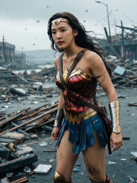 realistic, Skin Textures, High Resolution, Cinematic,<lora:zrn2_ej_JuggXL_1-000020:0.6> zhangruonan woman,Wonder Woman,A hurricane-ravaged environment with lots of broken glass and scattered items,