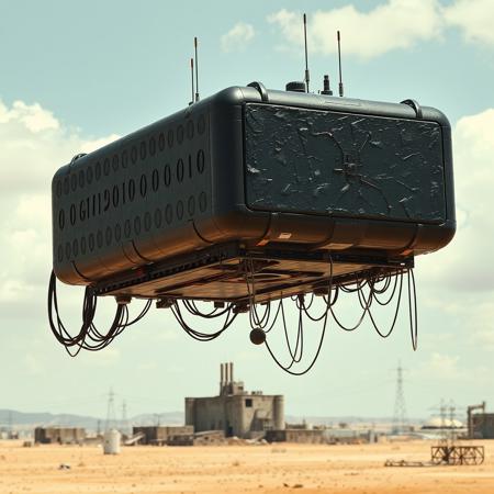 ultra high resolution, masterpiece, best quality, small featureless boxy glossy black spacecraft with a heavily textured surface hovering low to the ground, underneath the spacecraft are cables hoses and wires, antennas on top, cables hanging from below, rectangular in shape, futuristic world, post apocalyptic landscape, ((low concrete buildings:1.3)) anti gravity, in the atmosphere, sky, clouds, ground visible, hovering, dry, ((dusty)), bleak landscape, parched, bright noon sunlight, square shapes, bleached colors, destroyed industrial buildings, powerlines and towers,