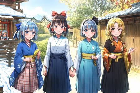 masterpiece, best quality, highly detailed, (4girls, cowboy shot:1.2), japanese village
AND japanese village, (4girls, cowboy shot, cirno, blue eyes, blue hair, blue bow, ice wings, winter, snow)
AND japanese village, (4girls, cowboy shot, hakurei reimu, spring, yellow leaves)
AND japanese village, (4girls, cowboy shot, (konpaku youmu:1.2), summer, sun, green trees)
AND japanese village, (4girls, cowboy shot, (kirisame marisa:1.2), yellow eyes, yellow long hair, single braid, autumn, orange leaves)