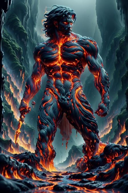 more realistic photo of  Hercules encountering Hades beneath the fiery depths of the Underworld. Rivers of molten lava and looming shadows heighten the intensity of their showdown, (masterpiece, best quality:1.5),beautiful, high resolution face, Anti-Aliasing, FXAA, De-Noise, Post-Production, SFX, insanely detailed & intricate, hypermaximalist, elegant, ornate, hyper realistic, super detailed, noir coloration, serene, 16k resolution, full body , ral-lava <lora:ral-lava-sd15:1>