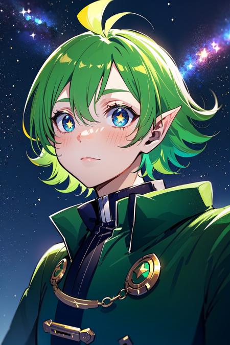 1boy, upper body portrait, night, male focus, solo,  <lora:barsrobintest-07:0.5>, pointy ears, green hair, green jacket, green capelet, amazed, thinking, (looking up:1.05), (beautiful night sky, starry sky, milky way:1.1), dynamic angle, from below, beautifully lit