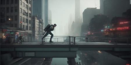 <lora:15AlternateRealities:1>alternative reality: a man standing on a bridge in a city