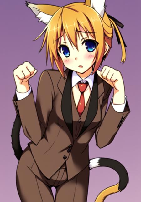 <lora:Subaru_Konoe:0.8>, Subaru_Konoe, 1girl, solo, blush, short hair, blonde hair, animal ears, tail, hair ribbon, necktie, cat ears, cat tail, formal, suit, kemonomimi mode, paw pose, pant suit