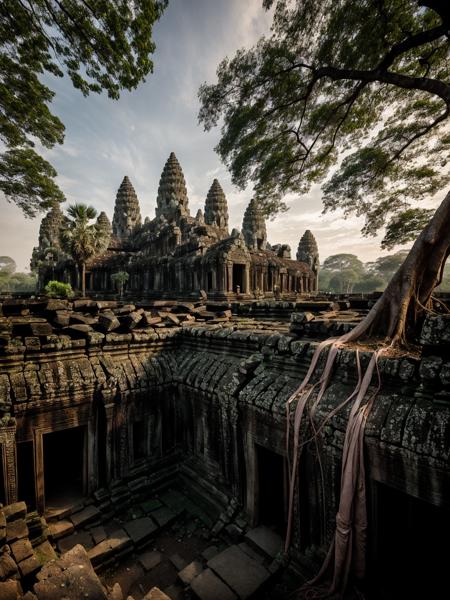 langscape of angkorwat at dawn, monk, ruins, temple, statue, most, tree, root, stone, epic, dim light <lora:ARWangkorwat:1>, <lora:add_detail:0.5>