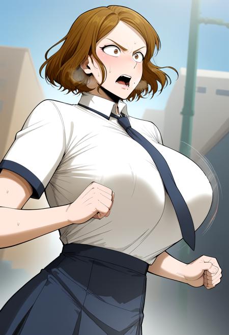 brown hair, brown eyes, short hair, mole under mouth school uniform, white shirt, short sleeves, collared shirt, blue necktie, black skirt