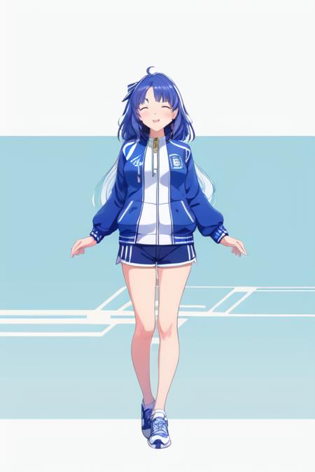 godol,1girl, <lora:god01:0.7>),blue sky background,high quality,track jacket,standing,shorts,close eyes,upper body,