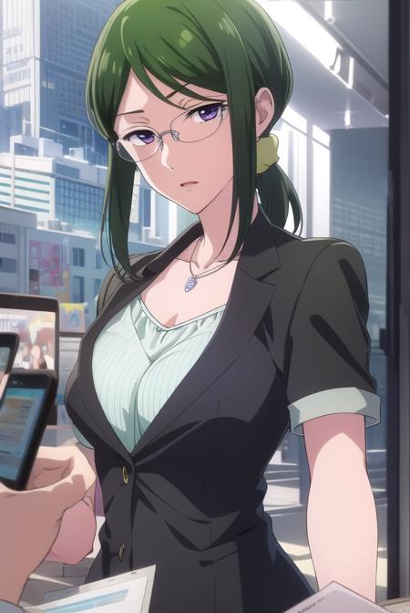 hanakokoyanagi, <lora:hanakokoyanagi-lora-nochekaiser:1>,
hanako koyanagi, green hair, low ponytail, (purple eyes:1.1), glasses,
BREAK skirt, shirt, necklace, office lady,
BREAK looking at viewer,
BREAK indoors,
BREAK <lora:GoodHands-vanilla:1>, (masterpiece:1.2), best quality, high resolution, unity 8k wallpaper, (illustration:0.8), (beautiful detailed eyes:1.6), extremely detailed face, perfect lighting, extremely detailed CG, (perfect hands, perfect anatomy),