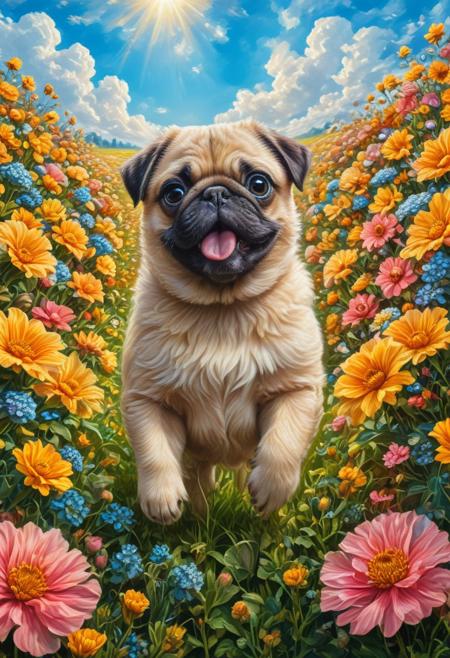 Masterpiece, highres. Highly detailed. Close-up photo of pug puppies running through field of colorful flowers, fluffy fur, huge flowers, big eyes. cute, happy, joy. The sun is shining. Blue sky with fluffy clouds.