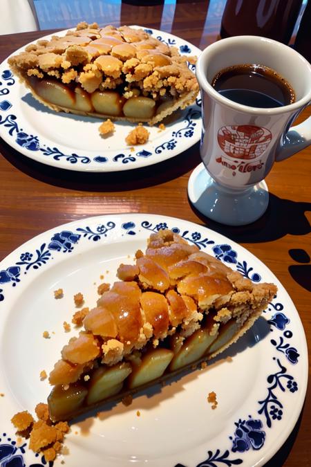 masterpiece, best quality, ultra-detailed, illustration,
dutchapplepie, plate, AMTS, cake, still life, food focus, food,  fork, wooden table, cup, coffee, mug, saucer, coffee mug, 
 <lora:AMSC_V2:1>