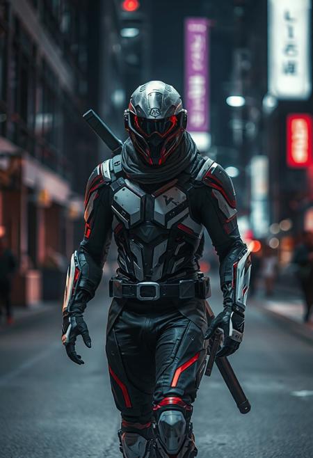 Space Ninja, futuristic, cybernetic sleek armor, high-tech helmet with visor, muscular, black, red, white, color palette, dark city street, night, high-tech laser/steel forearm blades, intricate, menacing walk, powerful, cybernetic aesthetic, high quality, UltraHD
