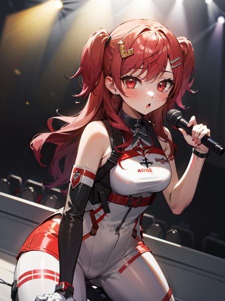 ichijou_ririka, hololive, 1girl, solo,
red_hair, long_hair, red_eyes, two_side_up, eyeliner
cute, 
looking_at_viewer, :o, 
bodysuit, 
stage, stage_lights, stage_curtains,