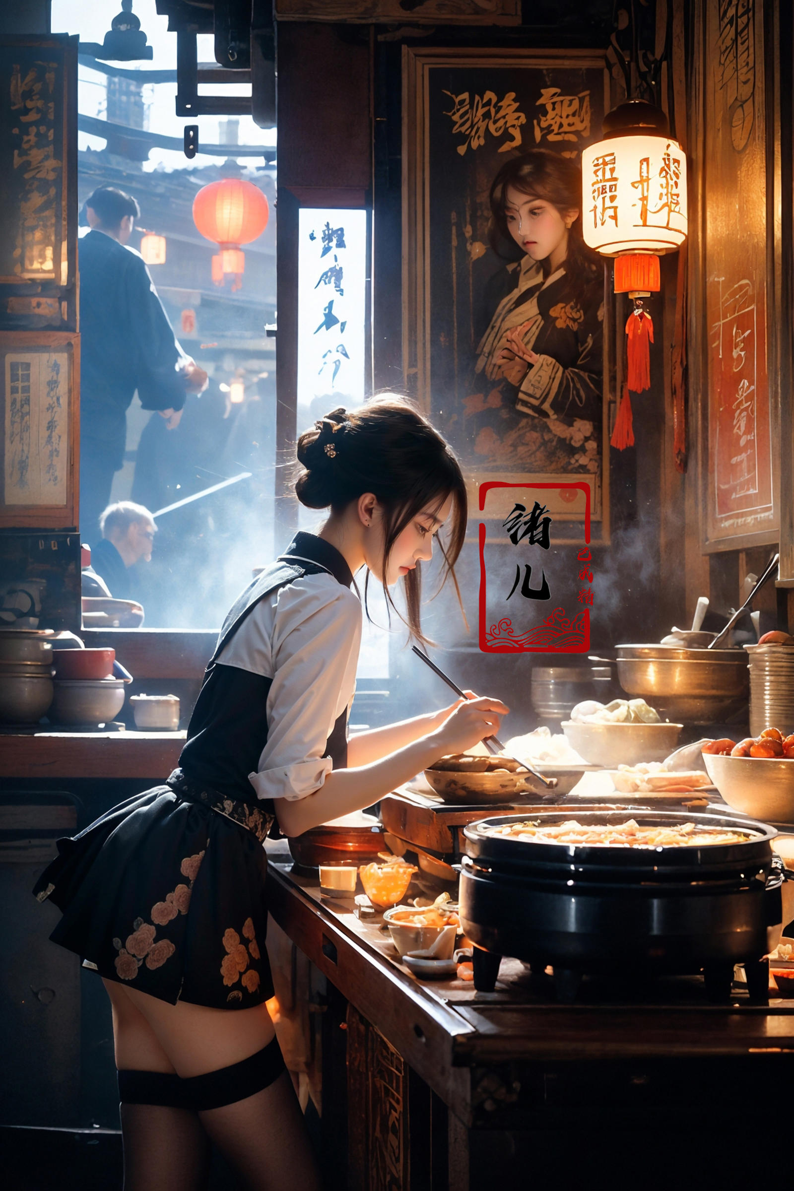 A young woman preparing food in a restaurant.