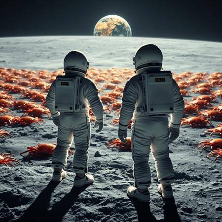 two astronauts standing on the moon, from behind, looking at the planet earth in the distance, the planet earth covered in many many colossal orange crabs,