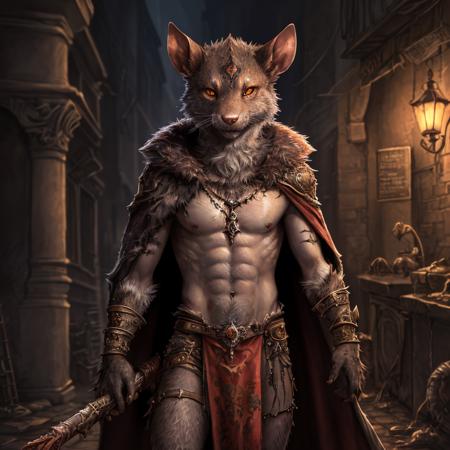 dark fantasy art, uploaded on e621, nsfw, explicit, explict, anthro, (rat, skaven:1), high res, ((detailed realistic image)), (glowing red eyes:0.8), (detailed eyes, expressive eyes), impasto impressionism, insane details, (hyper realistic fur:1.3), (detailed fur:1.3), pupils, (half-length portrait:1.3), (expressive face, detailed face), (realistic quality:1.3), (photographic quality:1.1), full color, (3d:1.1), (male), (sewer background), (rat features, skaven features:1), cinematic lighting, nipples, belly button, (smirk), loincloth, hooded cloak, (thief), (large scar on chest, scar over eye:1.1)