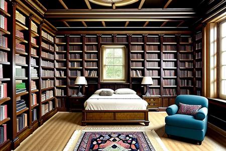 a fantasy bedroom that is also the owner's personal library with books everywhere