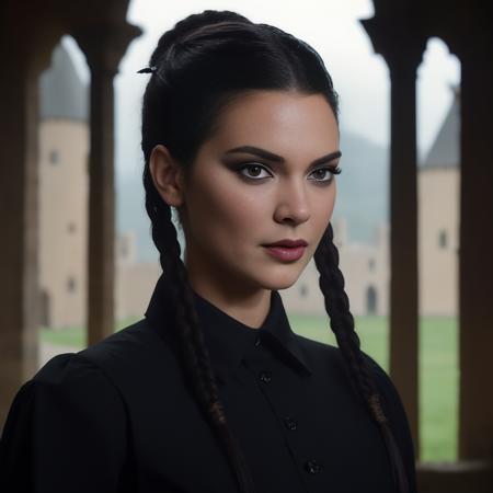 photo of (ohwx woman) as Wednesday Adamas, wearing gothic clothes, braided pigtails, in a castle, sharp focus, looking at the camera, makeup, cinematic look, <lora:KendalJenner:1>