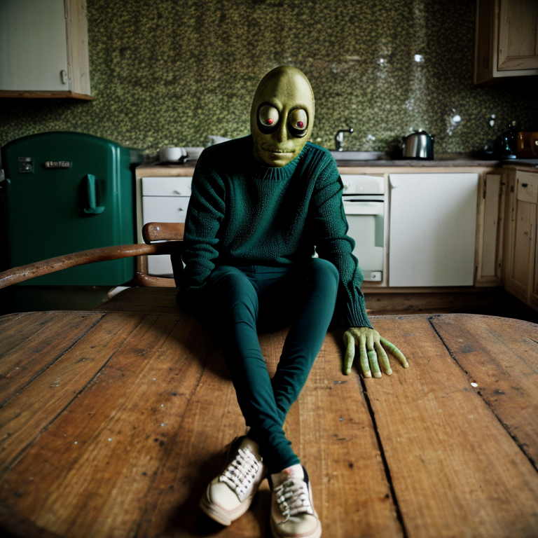live action salad fingers, real life salad fingers, movie still, frame from film, cinematic photo of a man with green skin, 4k highly detailed photograph of (salad fingers:1.1), sitting at his (dank dilapidated depressing kitchen table:1.2), (in his dingy condemned house:1.2), 8k, F2.8, RAW Photo, ultra detailed, close up on torso and face, 35mm photograph, film, bokeh, professional, wearing blue pants brown shoes and a forest-green sweater, very long fingers, saladfingers, intricately detailed eyes, hyperdetailed eyes, detailed skin, pores BREAK cinematic photo of salad fingers, (candid photo of salad fingers, a green man with green skin, green neck, green face, green ears, green hands, green ankles, green head, green legs, green wrists, green feet:1.3), (green skin:1.3), (green hands, green fingers:1.4), 4k highly detailed photograph of (salad fingers:1.3), (wearing blue pants brown shoes and a forest-green sweater:1.1), saladfingers BREAK photo of salad fingers, very long fingers, highly detailed green skin, pores, hyperdetailed photography, saladfingers BREAK 4k highly detailed photograph of (saladfingers:1.1), sitting at his (dank dilapidated depressing kitchen table:1.2), (in his dingy condemned house:1.2), abandoned building, urban decay <lora:Salad_Fingers_LoRA:1> <lora:add_detail:0.6>