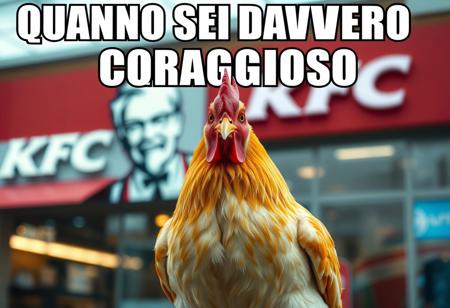 “A realistic, detailed chicken standing confidently in front of a KFC restaurant. The chicken has bright feathers, a sharp gaze, and a proud stance as if aware of its surroundings. The KFC logo is visible in the background, slightly blurred for depth. The scene is captured in a cinematic style with balanced lighting, slightly warm tones, and a shallow depth of field. Overlay bold white text with a black outline in meme style at the top: ‘QUANDO SEI DAVVERO CORAGGIOSO’.”