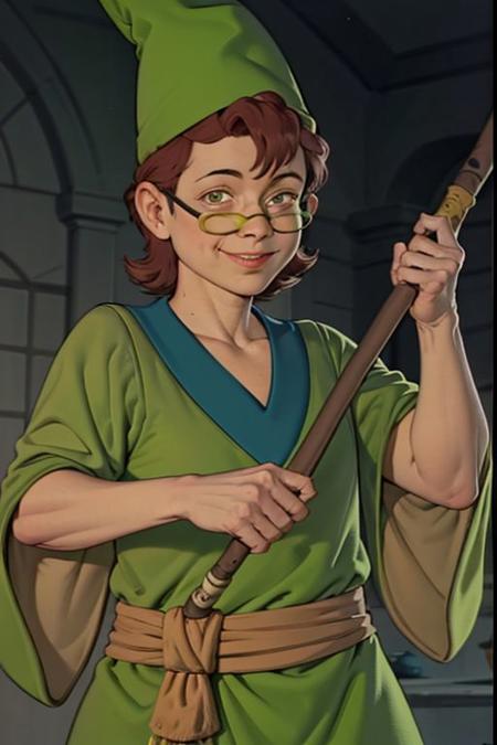 presto <lora:presto_dnd_V1:1>, upper body, green hat, cone hat, green robe, dark green chemise, round glasses, yellow sash, quarterstaff, holding a thick staff, holding, smile, absurdres