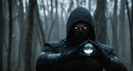 cinematic film still of  <lora:Mortal Kombat style:1>
Mortal Kombat style, fictional universe consisting of numerous realms, Noob Saibot,tobiaS booN,vantablack,shadow,white eyes,ninja,a man in a hoodie holding a crystal ball,solo,gloves,1boy,upper body,male focus,belt,signature,hood,from side,mask,muscular,glowing,muscular male,hood up,veins,biceps,veiny arms , Live-action, white sclera eyes, muscular, fitness, fighters, Action-adventure, brutal and gruesome, Mortal Kombat style, mk style, shallow depth of field, vignette, highly detailed, high budget, bokeh, cinemascope, moody, epic, gorgeous, film grain, grainy