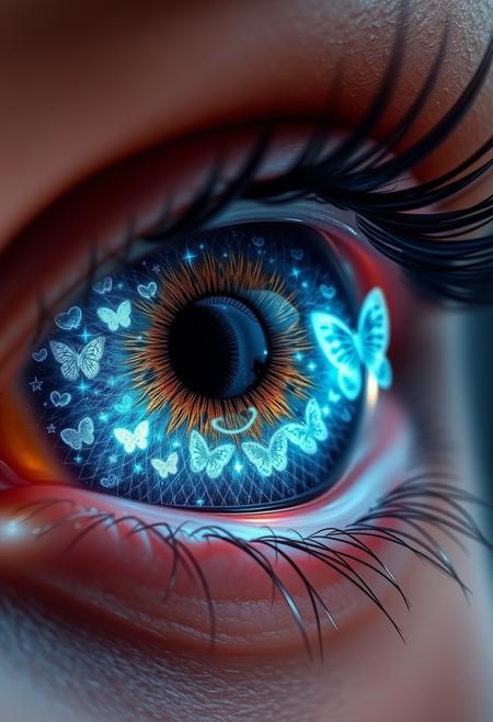 "Hyper-realistic depiction of a pair of eyes that shimmer and glow with intricate, swirling designs. The irises are a deep, rich blue, with delicate patterns of stars, hearts, and butterflies dancing across their surface. The pupils are shaped like tiny fish, with scales that glimmer like diamonds. The eyes seem to hold a deep, inner light, as if the very soul of the person is shining through. The eyelids are thin and delicate, with a subtle sheen that suggests a gentle, otherworldly glow. The surrounding skin is smooth and unlined, with a subtle texture that suggests a gentle, ethereal quality. Style: extremely detailed, hyper-realistic, and dreamlike, with a focus on capturing the intricate patterns and textures of the eyes, and conveying a sense of wonder and enchantment."