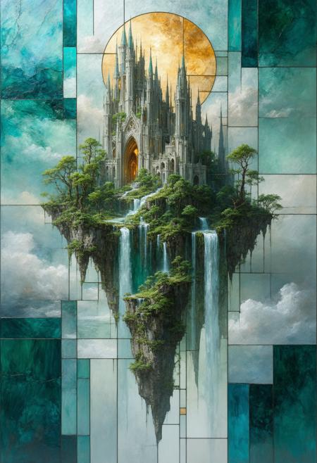 Construct a photorealistic painting of a colossal, floating island metropolis, shattered into stained-glass panels. Multiple perspectives converge to create a breathtaking composition, featuring towering spires, cascading waterfalls, and lush, overgrown gardens rendered as geometric shards emitting a diffused, ethereal light. The color palette utilizes deep emerald, antique gold, and vibrant cerulean, highlighting intersecting lines and fragmented forms. Integrate subtle photorealistic details within each glass shardâthe texture of weathered stone, the movement of cloudsâto create a compelling fusion of abstract geometry and tangible utopian fantasy, evoking a sense of serene beauty and boundless potential.