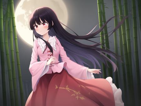 masterpiece, best quality,<lora:kaguya-000014:0.5>,houraisan kaguya, touhou, long hair, black hair, hime cut, pink shirt,pink sleeves,red long skirt,standing,bamboo forest,night,moon,pavilion,