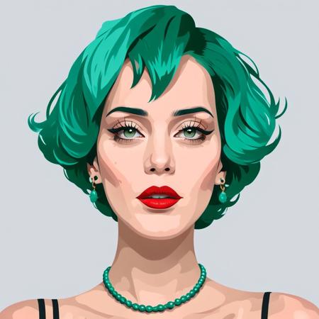 psztzz, 1girl, solo, necklace, jewelry, short hair, grey background, parted lips, simple background, portrait, red lips, looking at viewer, makeup, aqua hair, lipstick, green hair, lips, portrait, vector art, flat coloring, cel shaded, cel shading, illustration, vector illustration, vector coloring, masterpiece, best quality,