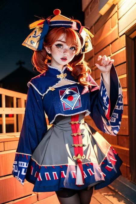 z0mb13jump3r, long sleeves,wide sleeves,blue dress,chinese clothes,ofuda,jiangshi,qing guanmao,