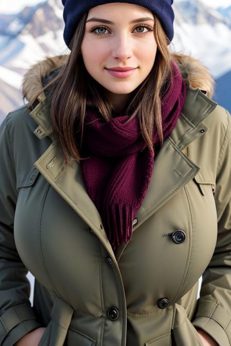photorealistic,realism,realistic,portrait,(close up), sexy 18 year old extremely busty girl hiking in the mountains, winter setting, (winter jacket), (winter coat),(open coat),partially unzipped coat, large bulky winter coat, sweater underneath coat, hands in coat pockets, beautiful face, gorgeous face, perfect face, happy, smirk,hazel eyes, full lips, wearing a toque, scarf, skindentation, (big breasts),(huge breasts),((gigantic breasts)),(very busty),(massive breasts),sfw,(fully clothed)