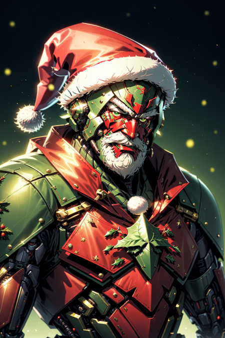 AiOverlordSanta, An evil cyborg in a santa costume dressed in green and red, santa hat, in the style of unreal engine 5, detailed comic book art, 32k uhd, metallic finishes, wlop, christmas theme, <lora:DuskAiOverlord:0.8>