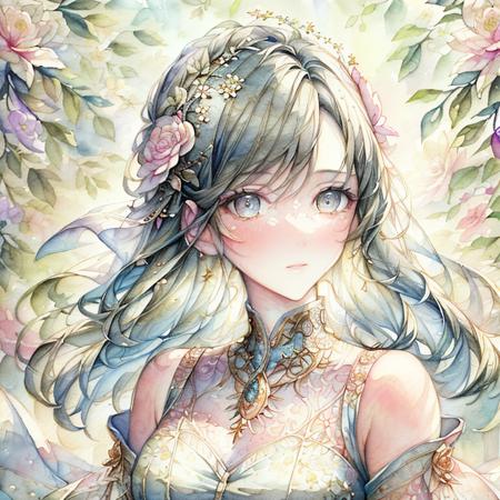 ((masterpiece)),((best quality)),8k,high detailed, ultra-detailed, 2.5D, Watercolor, delicate and intricate, beauty portrait, (1girl, solo), graceful expression, (flowing dress), soft and muted colors, (floral elements), romantic atmosphere, delicate aesthetics, inspired by botanical illustrations,