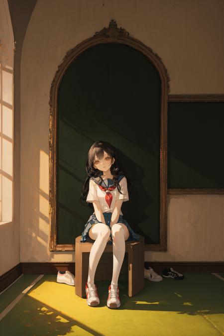 1girl, solo, sitting, socks, shoes, sneakers, white socks, skirt, school uniform, long hair, kneehighs, bangs, looking at viewer, shirt, serafuku, white shirt, pleated skirt, white footwear, indoors, paint ,
///////////   <lora:chongzhen-000202:1>, <lora:ç»ä¸½çåå½±:0.2>,<lora:add_detail:0.35>, <lora:adaptedmodel:0.35>