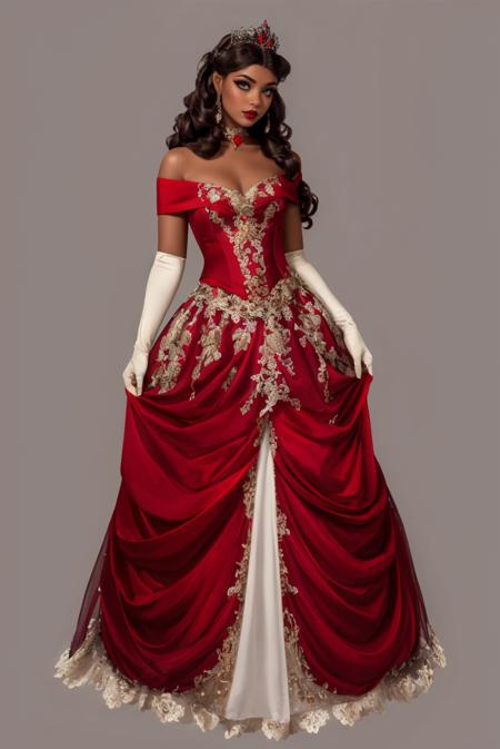b34uty_g0wn_1, long red gown, puffy underskirt, gold elbow gloves, choker, tiara,
