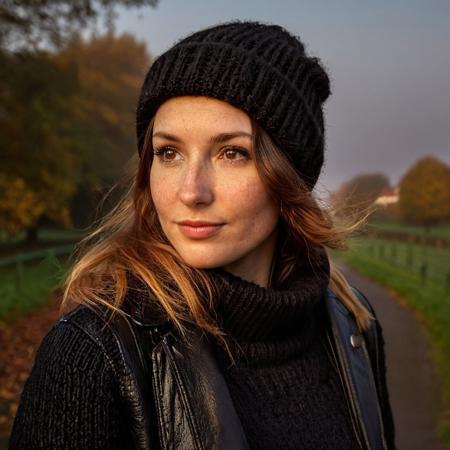 A beautiful selfie of a 30 year old Dutch woman, ((sweater)), ((leather jacket)), ((beany)), ((full body:1.2)), she has a comely face, shy smile, in love, pale skin, very dark eyes, chocolate brown hair, straight hair, 70's fringe, beautiful mouth, long face, narrow chin, freckles on nose, birthmarks on stomach, she is slim, natural tits, perfectly shaped tits, pubic hair, ultra realistic, extremely detailed, highly detailed eyes, realistic eyes, highly detailed skin, realistic skin, a walk on the heath, early morning, autumn, a little foggy, beautiful lighting, soft natural light, golden hour light, autumn, perfect light, Rembrandt style light, 8k resolution, masterpiece, 35mm,Camera="Hasselblad X1D 50c", Lens="Hasselblad XCD 90 mm f/3.2 ", "Aperture-of=f/2.8", "ISO=100", film grain, (ultra high res:1.2),(photo-realistic:1.3) (skin pores:1.1)