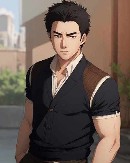 best quality,masterpiece,highly detailed,ultra-detailed, <lora:neg4all_bdsqlsz_V3.5:-1>,1boy <lora:IsamiAo:0.75>isami ao, bangbravern, 1boy, male focus, solo, black hair, short hair, thick eyebrows, upper body, black eyes, looking at viewer