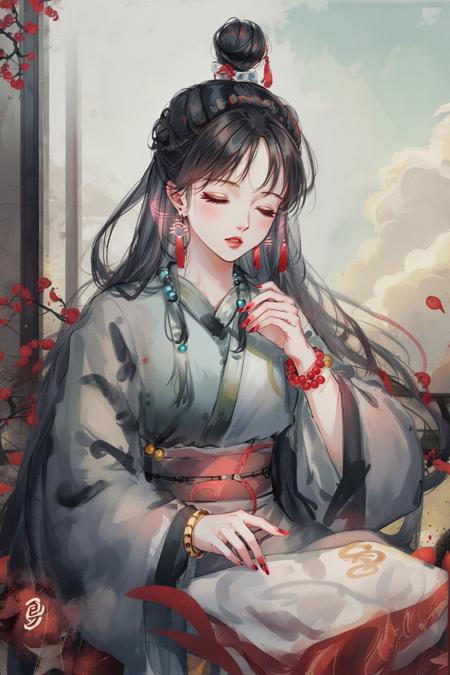 1girl, jewelry, hanfu, black hair, solo, long hair, hair ornament, bracelet, beads, necklace, closed eyes, earrings, chinese clothes, holding, table, long sleeves, red nails, nail polish, hair bun, applying makeup, sitting,single hair bun , , hair stick, paintbrush, makeup, cloud, bead bracelet, closed mouth, tassel, scroll, wide sleeves
<lora:guoman:0.8>