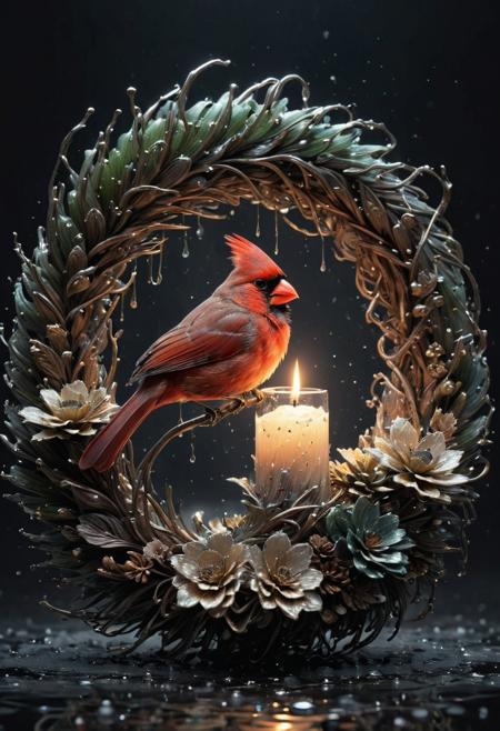 close-up A cardinal bird, 
incredibly fluid, 
detailed, 
3D fractals, 
light particles, 
drops of water, 
shimmering light, 
dreamer, 
surrealist, 
alcohol ink, 
smooth, 
shimmering, 
dreamy glow, a lot of pine cone wreath background
conceptual art by Alberto Seveso, 
Anna Dittmann, 
Arthur Rackham, 
16k