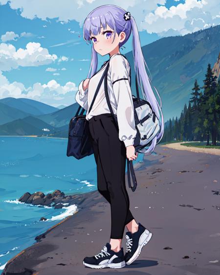 1girl, purple eyes, solo, long hair, twintails, purple hair, hair ornament, blush, outdoors, sky, cloud, shirt, pants, bag, white shirt, day, black footwear, shoes, ocean, standing, black pants, looking at viewer, blue sky, long sleeves, scenery, full body, black bag, mountain, sneakers, mountainous horizon, cloudy sky, from side, shoulder bag, small breasts,  <lora:Suzukaze_Aoba:1>,